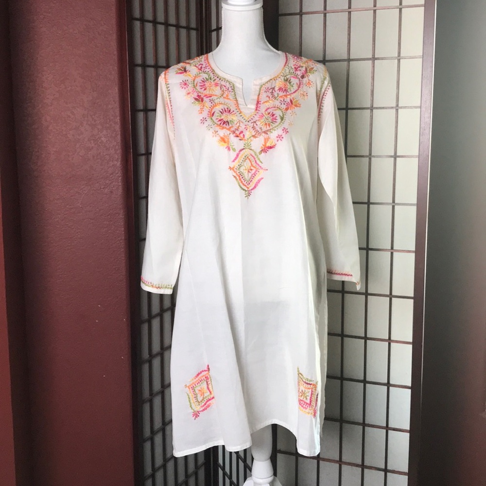 Embroidered cotton midi flowing long sleeve tunic